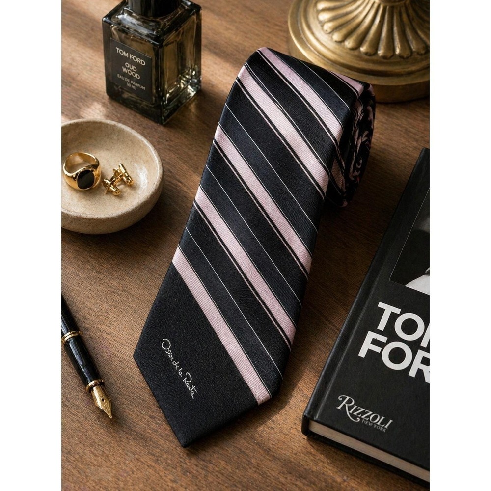Oscar de la Renta Mens Necktie Black Pink Striped Silk Blend WPL 4075